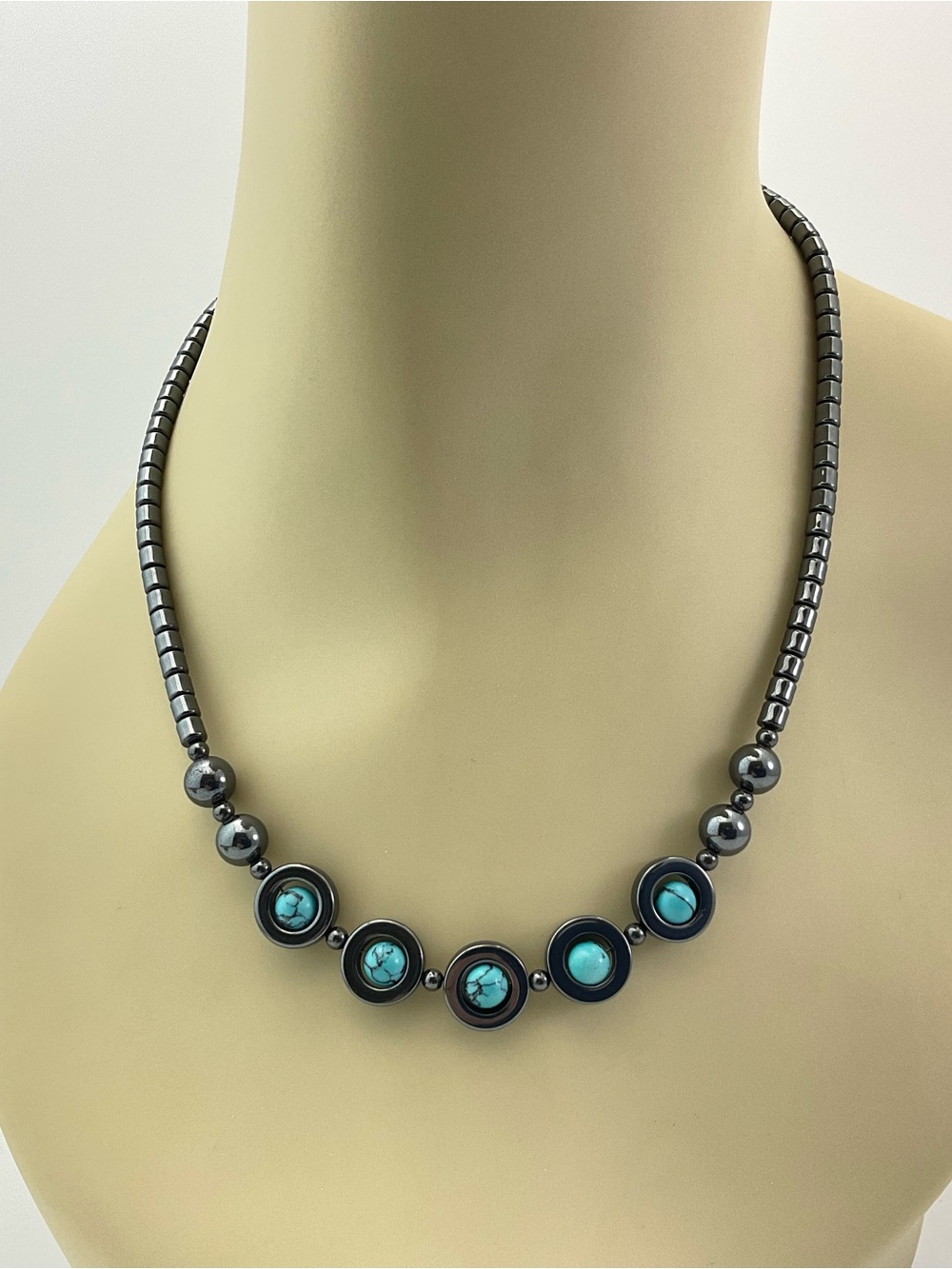 Artisan Hematite Necklace with Turquoise Blue Howlite, Minimalist Mod Celestial